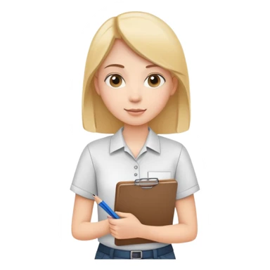 intern or volunteer holding a clipboard and pencil, ready to take notes or assist. The character wears a simple shirt and has an eager posture sticker