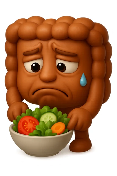 EMOJI STILE IPHONE DI UN INTESTINO UMANO ANATOMICO CHE GUARDA UN INSALATA CON ESPRESSIONE TRISTE E RASSEGNATA IN VOLTO: SOFFRE LA FAME PERCHé è A DIETA, FAGLI ANCHE LA PARTE BIANCA DEGLI OCCHI, NON SOLO LE PUPILLE, IPERREALISTICO 4K sticker