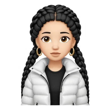 generate a pretty bratz girl with a WHITE puffer jacket, hoops, long braided hair black sticker