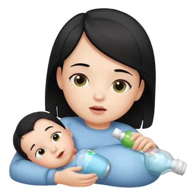 A baby with black hair holding a bottle while laying down sticker