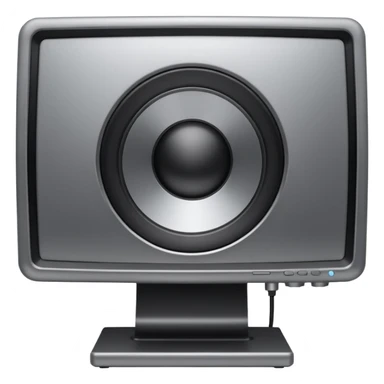 Minimal emoji icon of a modern metallic studio monitor, front view, detailed geometry, dark metallic body, subtle highlights, isolated sticker