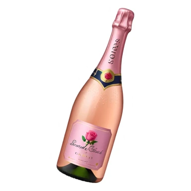 bottle of sparkling rosé champagne with a rose logo on the label, tilted up and to the left, no glass sticker