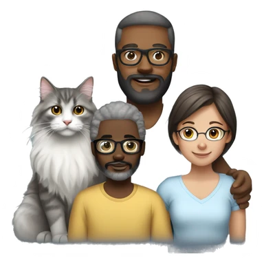 black dad with beard and glasses, white brunette mom, mixed two year old daughter and a grey norwegian forest cat sticker