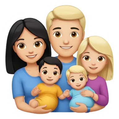 family with blond dad, brunette mom, blonde son, daughter with black hair, and a baby sticker