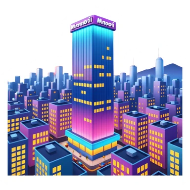 A 3D cartoon city billboard mounted on a tall building, glowing lights at dusk, realistic reflections, Memoji-style. sticker