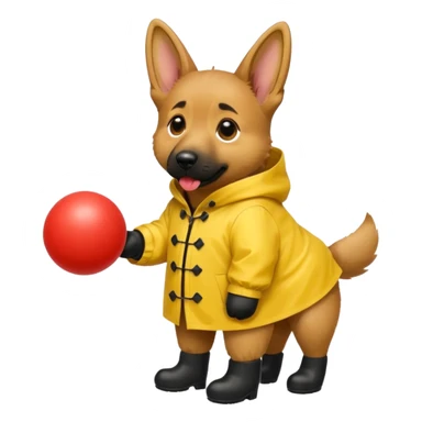 german shepherd wearing yellow raincoat that says “mochi” with black booties and a red ball in the mouth sticker