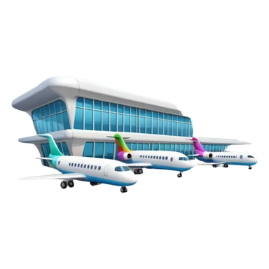 A 3D cartoon airport terminal building with glass windows and airplanes nearby, clean lighting, Memoji-style rendering. sticker