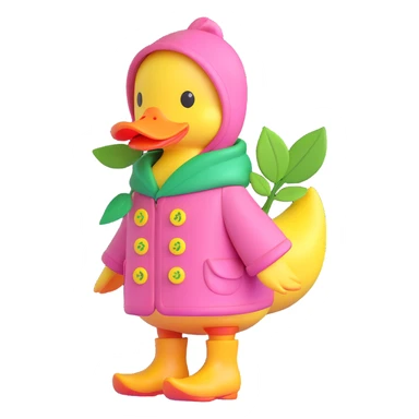 A duck wearing a pink hooded coat with green buttons and a green leaf on the chest, and yellow boots. sticker