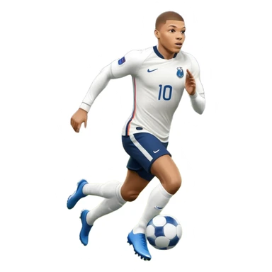An icon showing Kylian Mbappé running with the ball on a football field during a match. The design captures his speed and focus, with dynamic motion lines and a vibrant background of the field and stadium lights. Transparent background emphasizes the action. sticker