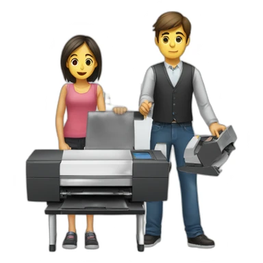 a boy and a girl with a large printer full of copies, both are exhausted sticker