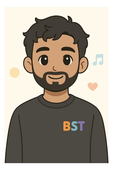 2D digital anime-style portrait of a young adult male with medium skin tone, short wavy black hair, almond-shaped black eyes, and a full beard. Wearing a plain dark grey sweatshirt with the BST logo in vibrant colors (orange, teal, purple, blue) on the left chest. Solid black background. Facing forward with a slight smile (no teeth). Soft and flat lighting, clean anime lines, smooth shading. Professional, cohesive team style. sticker