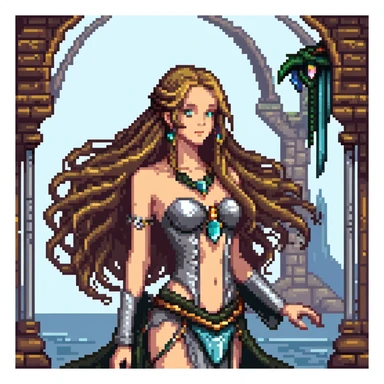 Beautiful girl with metal jewelry and long flowing hair in fantasy setting sticker