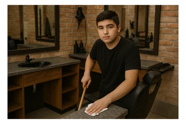 sartaroshxonani tozalayotgan o'smirin bola juda  yosh ham emas katta ham supir sudir qilaytgani narsalarni tozalayotgani yuzi ko
 sticker