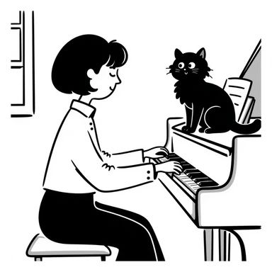 woman playing piano while her cat sits on top of the piano sticker