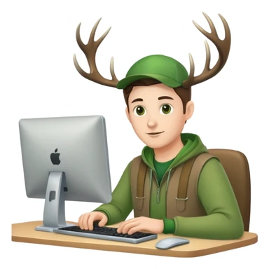 Guy works at computer with deers antlers, green clothes  sticker