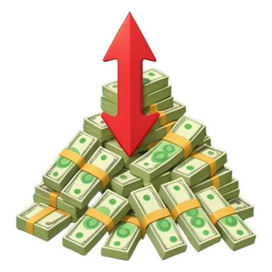 a pile of money with red arrow up sticker