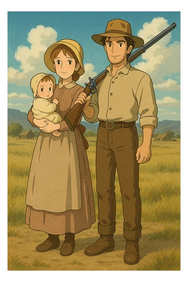 The full bodies of a young husband and wife who are pioneer settlers in the American West in the 1850s. The wife has a young child and the husband is carrying a rifle. sticker