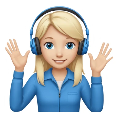 girl with blonde hair and blue eys, having on ears heaphones, with heands telling what  sticker