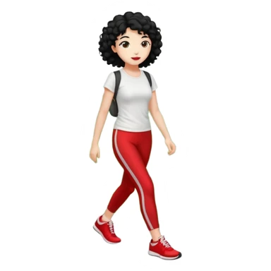 generate a pretty bratz fair skinned girl with curly black hair wearing a white tshirt trekking on a hill road with red sneakers on and black leggings.  Put a hill behind her sticker