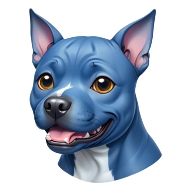 Cinematic Comical Blue Staffordshire Bull Terrier Portrait Emoji, Head tilted dramatically with an exaggeratedly amused expression, featuring a striking blue Fur with a subtle shimmer, wide, expressive dark eyes filled with playful disbelief, Simplified yet hilariously expressive features, highly detailed, glowing with a slightly sassy glow, high shine, dramatic yet playful, stylized with an air of cheeky mischief, bright and endearing, soft glowing outline, capturing the essence of a spirited and over-the-top guardian, so meme-worthy it feels like it could side-eye its way into internet fame instantly! sticker