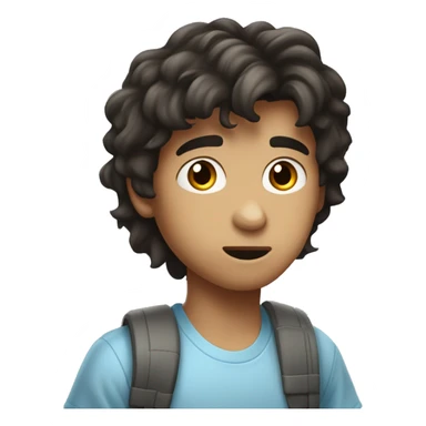 "Young person with medium-length, tousled dark hair, fair skin, and dark, expressive eyes looking slightly to the side. Wearing a light blue, casual T-shirt with a slightly surprised or curious expression." sticker