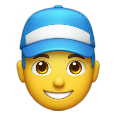 face smiling with a white cap and a blue shirt sticker