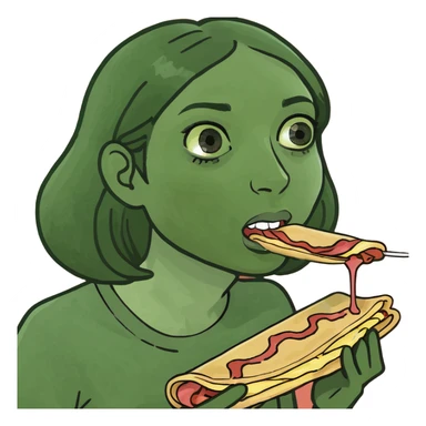 Girl eating crepe with bacon sticker