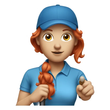 a female golf coach with red hair, blue shirt sticker