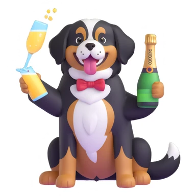 bernese mountain dog with a toy champagne bottle in its mouth, wagging tail sticker