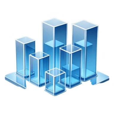 A minimalist 3D illustration of abstract glass buildings in blue tones, made of transparent glass-like materials with soft lighting and subtle reflections, isometric perspective, white background, futuristic architecture concept, volumetric light, clean render, high detail, no text sticker