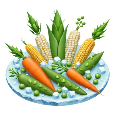 frozen mixed vegetables cluster with green peas, carrot cubes, corn kernels, green beans, frosty ice crystals, muted colors, firm texture, clean varied shapes, no bowl, bag, plate, or faces, clean 3D rendering, soft lighting, subtle shadows, transparent background, emoji scale sticker