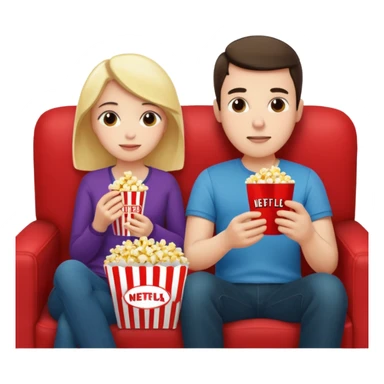 Crea un emoji dove si vedono un uomo e una donna mangiano i pop corn su un divano e guardano la televisione, nella televisione ci deve essere scritto netflix sticker