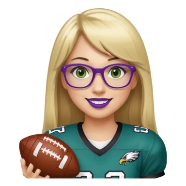 long blonde hair with straight bangs, black rectangle glasses, female, green eyes wearing eagles uniform jersey number 33 holding football smiling purple lipstick sticker