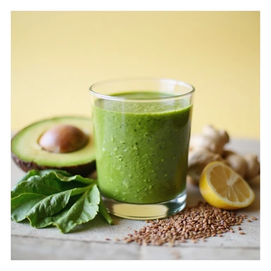 green smoothie in a transparent glass, visible ingredients next to it: spinach, avocado, ginger, flax seeds, lemon, healthy atmosphere, realistic details, bright background sticker