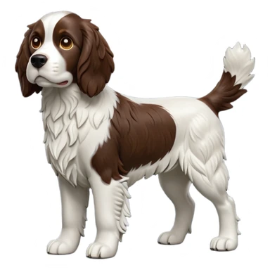 cinematic-[Springer Spaniel]-realistic-full-body-standing-emoji,-tail-resting-loosely-beside-its-paws,-head-tilted-dramatically, -scruffy-[brown and white]-fur,-simplified-yet-realistic-focused-features,-highly-detailed,-glowing-with-an-almost-sarcastic-glow sticker
