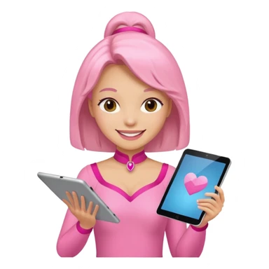woman with pink costume with tablet sticker