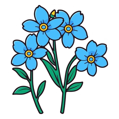 multiple blue flowers, cartoonish sticker style sticker