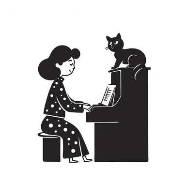 woman playing piano while her cat sits on top of the piano sticker