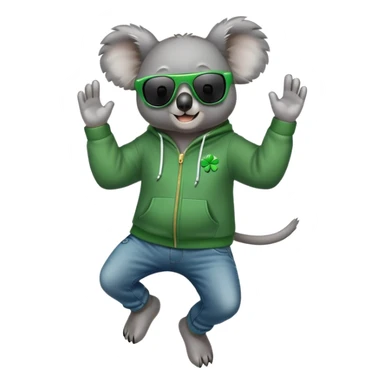 anthropomorphised koala, full body, wearing a hoodie and jeans, dark sunglasses, headphones, dressed for St. Patrick's Day, jumping sticker