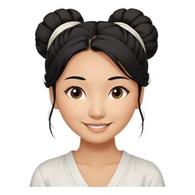 medium tan asian woman with long black hair tied in a high messy bun, round brown eyes, white v neck blouse. shes smiling and friendly. sticker