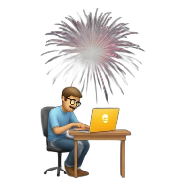 programmer working on laptop that shoots firework sticker