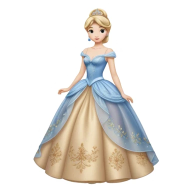 Cinematic Realistic Cinderella Portrait, depicted with lifelike skin texture, subtle rosy undertones, and soft natural lighting that enhances the gentle contours of her face. Her intricately detailed golden blonde hair is elegantly styled in an updo, with delicate wisps framing her face for added realism. Her deep, expressive blue eyes radiate warmth and sincerity, reflecting a quiet resilience and grace. She is dressed in her iconic ball gown, the fabric shimmering with intricate embroidery and fine translucent layers that catch the light beautifully. The soft sheen of satin gloves and the delicate sparkle of a glass-like slipper peeking from beneath her dress add a touch of magical realism. The portrait features an enchanting glow with a natural, luminous finish, seamlessly blending realism and fairytale charm to evoke a sense of depth, elegance, and timeless beauty. sticker