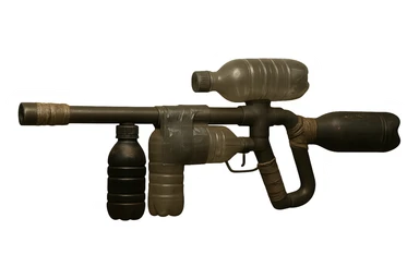 Remove the background, keep only the realistic cobbled-together rifle using household tubes and bottles, with visible repairs, tape, and a post-apocalyptic, resourceful look, with a transparent background. sticker