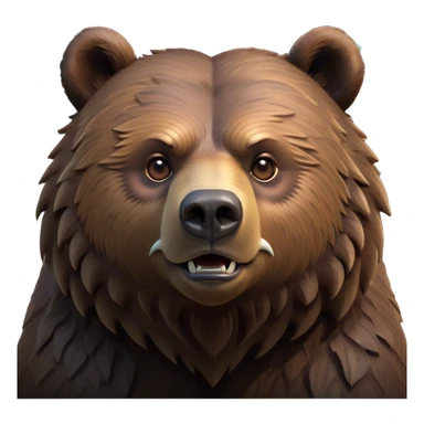 Cinematic Noble Grizzly Bear Portrait Emoji, Poised and regal, with a massive, powerful build and a thick, rugged deep brown fur, piercing deep-set soulful eyes, Simplified yet sharp and sophisticated features, highly detailed, glowing with a soft, dignified glow, high shine, intelligent and formidable, stylized with an air of untamed wilderness, focused and attentive, soft glowing outline, capturing the essence of a watchful and commanding guardian, so majestic it feels as though it could lumber out of the screen with effortless authority! sticker