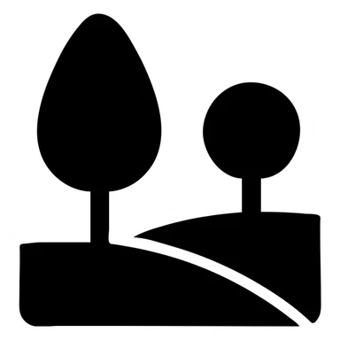 minimalist park icon with stylized trees and land, not front view, solid black fill sticker