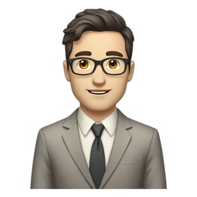 Full height Pale skinned Fit Man With dark brown hair in classic gray suit, beige office shirt, dark gray tie, and vintage glasses. His hands lock sticker