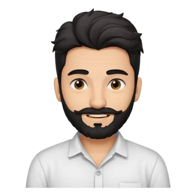 young fair skin Pakistani man smiling with black beard, wavy hair pushed back and squinted eyes and thick eyebrows sticker