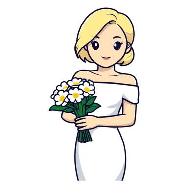 blonde woman in a white off-shoulder dress with a bouquet of white flowers in a white bag in her right hand sticker