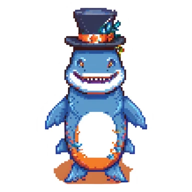 pixel art shark, blue, with a tall tophat sticker