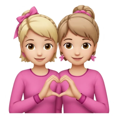 Two best friends making a heart shape with their hands together. One of them has blond hair which is shorter and the other has brown hair tied up. They are both wearing pink outfits. sticker